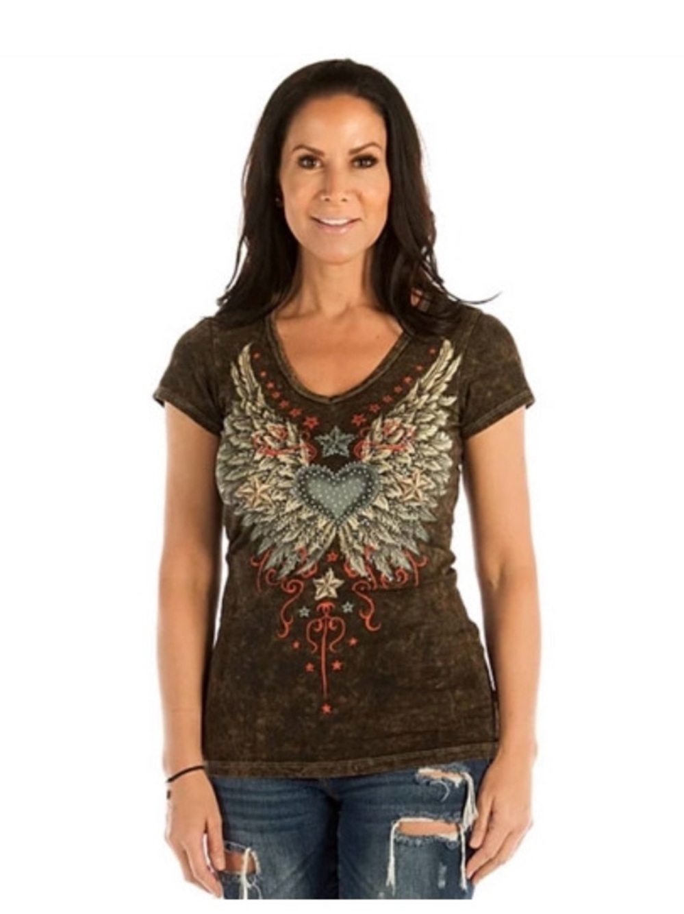 vintage liberty wear Brown Mineral-Wash V-Neck Tee with Winged Heart Graphic 2x
